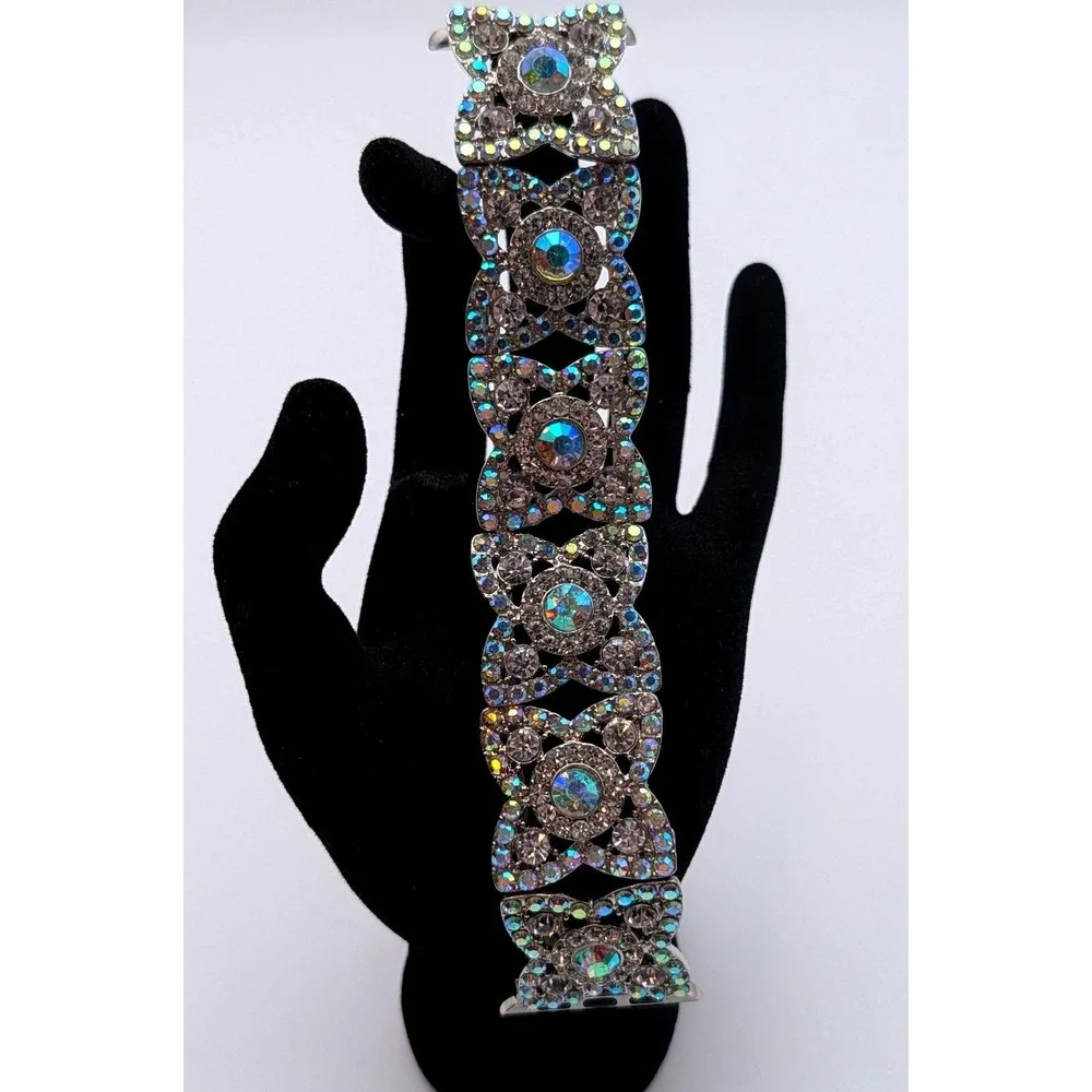 AB‎ Rhinestone Crystal Apple Watch Band Silver Tone Filigree Strap 38-41mm